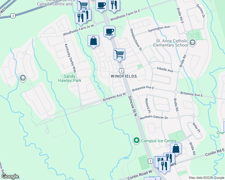 map of restaurants, bars, coffee shops, grocery stores, and more near 2336 Chevron Prince Path in Oshawa
