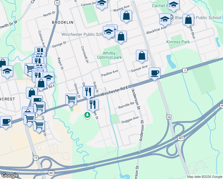map of restaurants, bars, coffee shops, grocery stores, and more near 132 Winchester Road East in Whitby