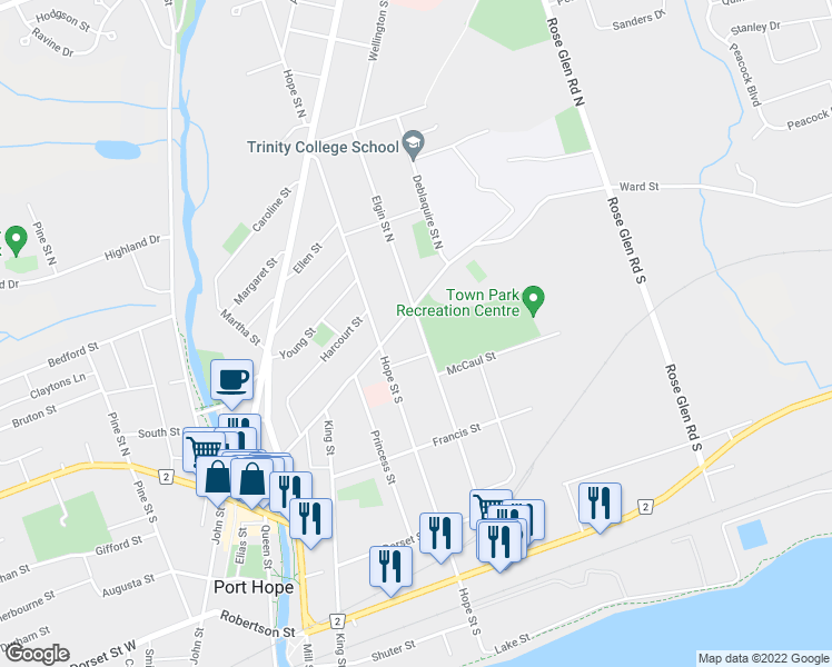 map of restaurants, bars, coffee shops, grocery stores, and more near 14 Elgin Street South in Port Hope