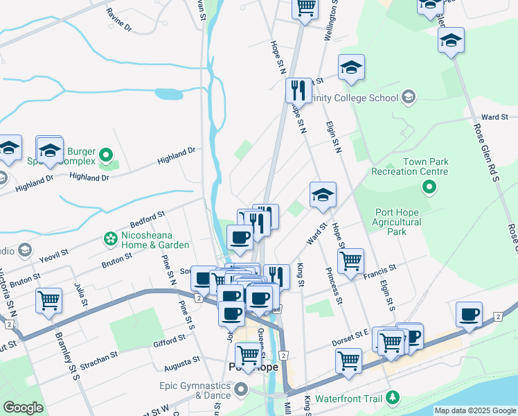 map of restaurants, bars, coffee shops, grocery stores, and more near 98 Ontario Street in Port Hope