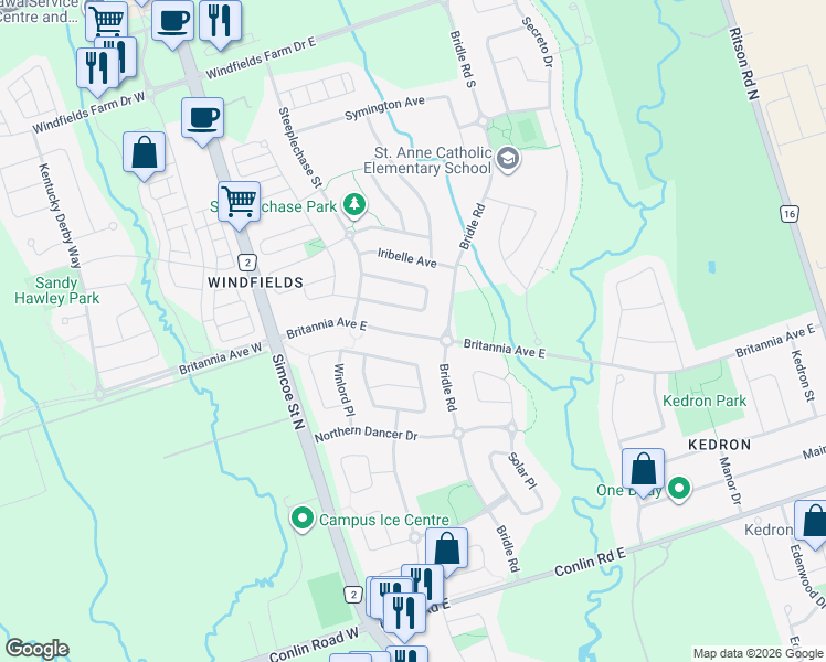 map of restaurants, bars, coffee shops, grocery stores, and more near 130 Britannia Avenue East in Oshawa