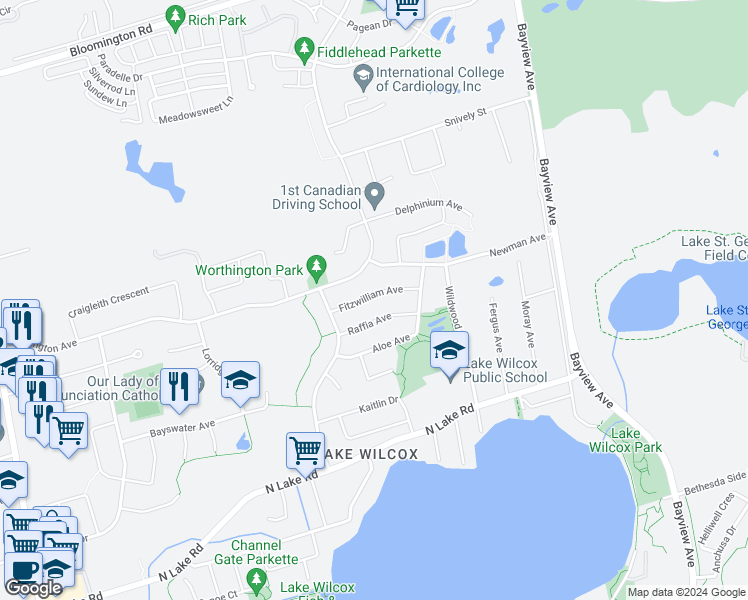 map of restaurants, bars, coffee shops, grocery stores, and more near 35 Fitzwilliam Avenue in Richmond Hill