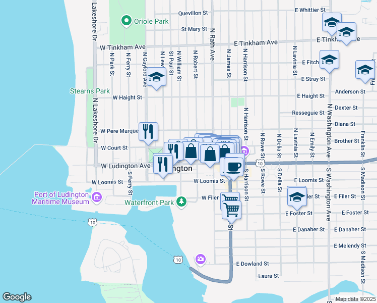 map of restaurants, bars, coffee shops, grocery stores, and more near 302 West Ludington Avenue in Ludington