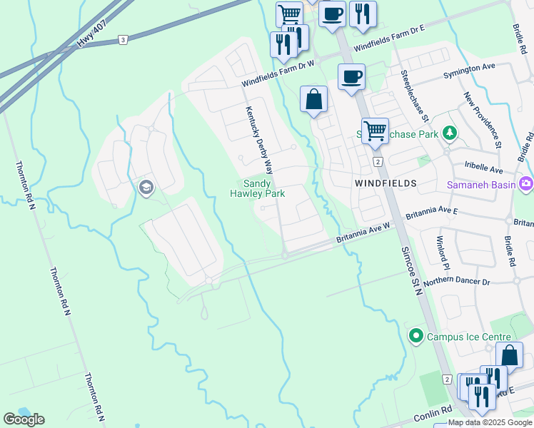 map of restaurants, bars, coffee shops, grocery stores, and more near 209 Arctic Actress Court in Oshawa