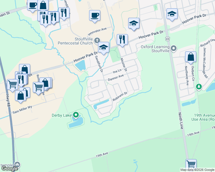 map of restaurants, bars, coffee shops, grocery stores, and more near 635 Sandiford Drive in Whitchurch-Stouffville
