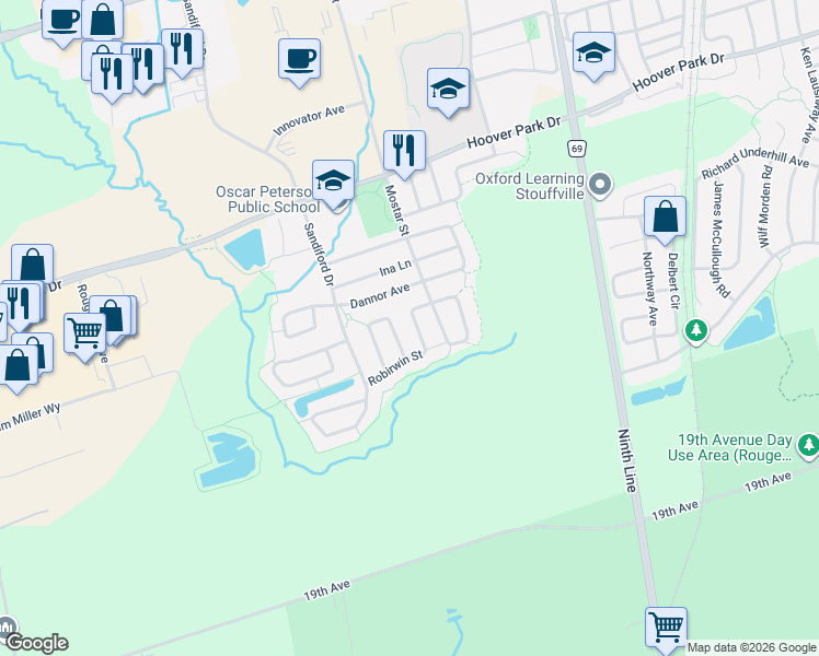 map of restaurants, bars, coffee shops, grocery stores, and more near 191 Robirwin Street in Whitchurch-Stouffville