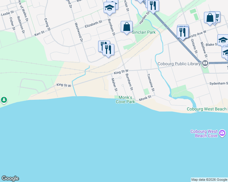 map of restaurants, bars, coffee shops, grocery stores, and more near 165 Maher Street in Cobourg