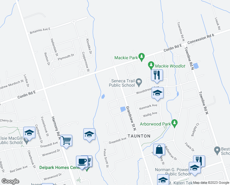 map of restaurants, bars, coffee shops, grocery stores, and more near 1936 Don White Court in Oshawa