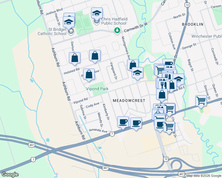 map of restaurants, bars, coffee shops, grocery stores, and more near 55 Ferguson Avenue in Whitby