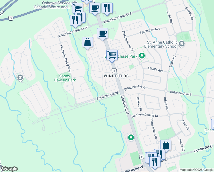 map of restaurants, bars, coffee shops, grocery stores, and more near 50 Filly Path in Oshawa