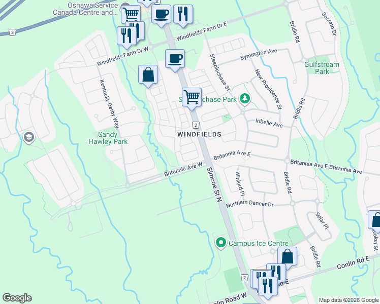 map of restaurants, bars, coffee shops, grocery stores, and more near Filly Path in Oshawa