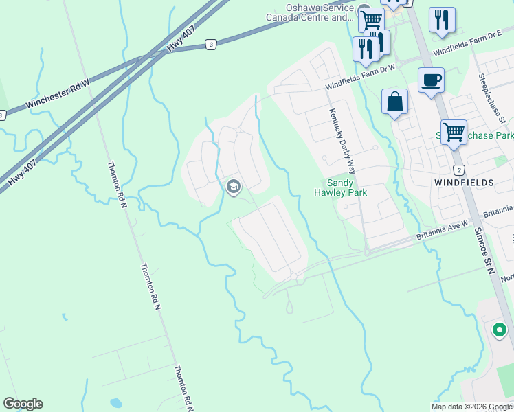 map of restaurants, bars, coffee shops, grocery stores, and more near 199 Windfields Farm Drive West in Oshawa