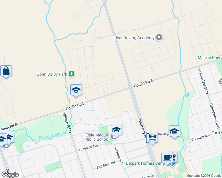 map of restaurants, bars, coffee shops, grocery stores, and more near 1106 Lockie Drive in Oshawa