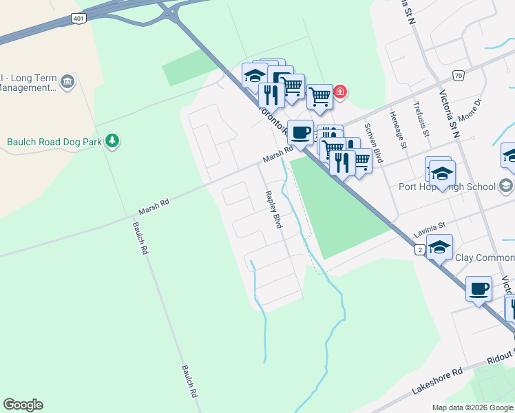 map of restaurants, bars, coffee shops, grocery stores, and more near 40 Rapley Boulevard in Port Hope