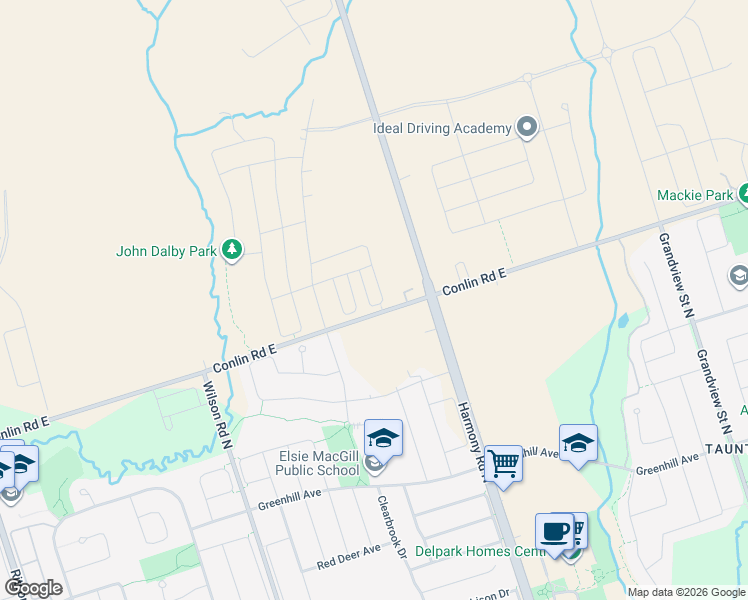 map of restaurants, bars, coffee shops, grocery stores, and more near 1097 Lockie Drive in Oshawa