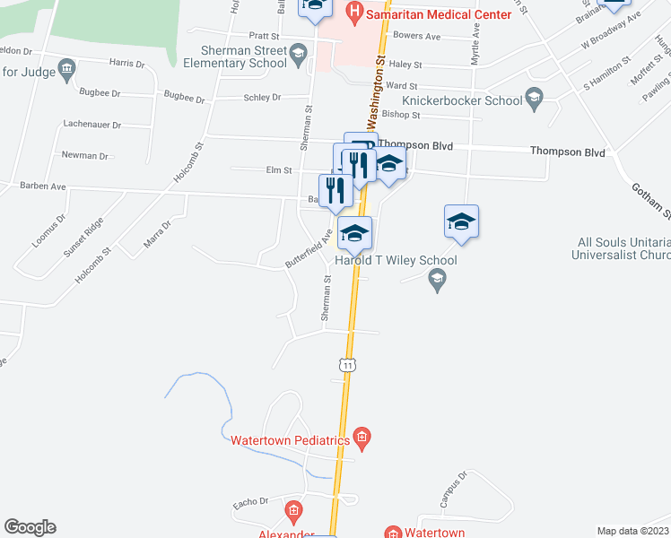 map of restaurants, bars, coffee shops, grocery stores, and more near 1343 Sherman Street in Watertown