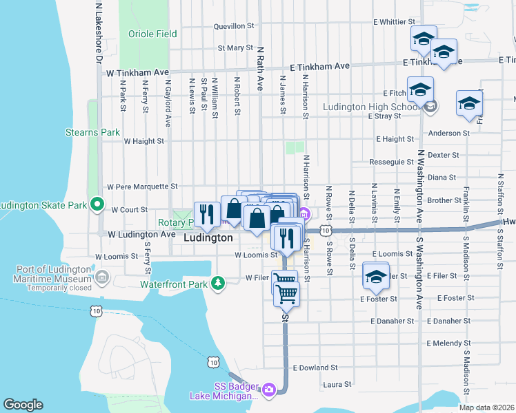 map of restaurants, bars, coffee shops, grocery stores, and more near 209 North Rath Avenue in Ludington