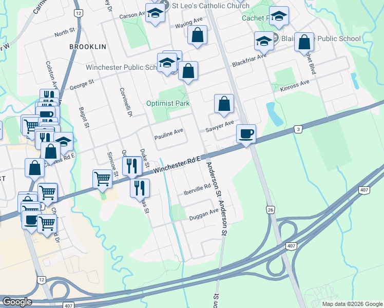 map of restaurants, bars, coffee shops, grocery stores, and more near 26 Blanchard Court in Whitby