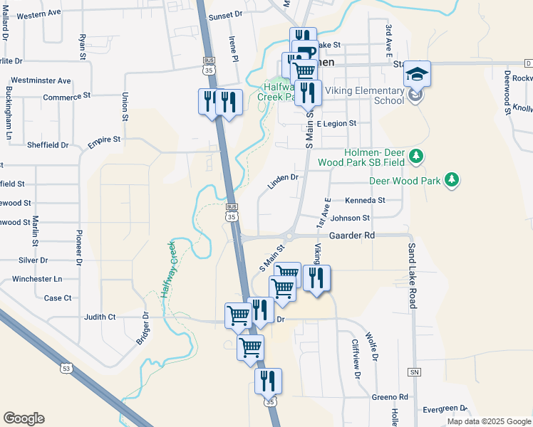 map of restaurants, bars, coffee shops, grocery stores, and more near 107 West Gaarder Road in Holmen