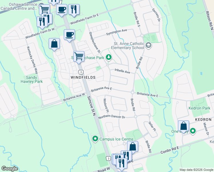 map of restaurants, bars, coffee shops, grocery stores, and more near 2310 Steeplechase Street in Oshawa