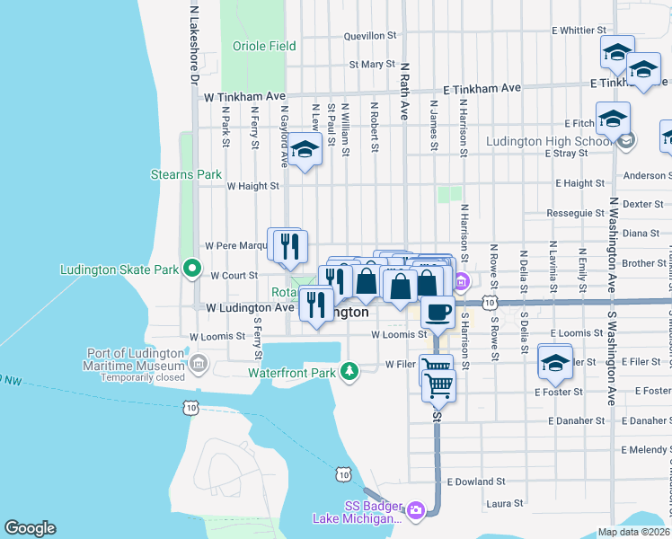 map of restaurants, bars, coffee shops, grocery stores, and more near 303 North William Street in Ludington