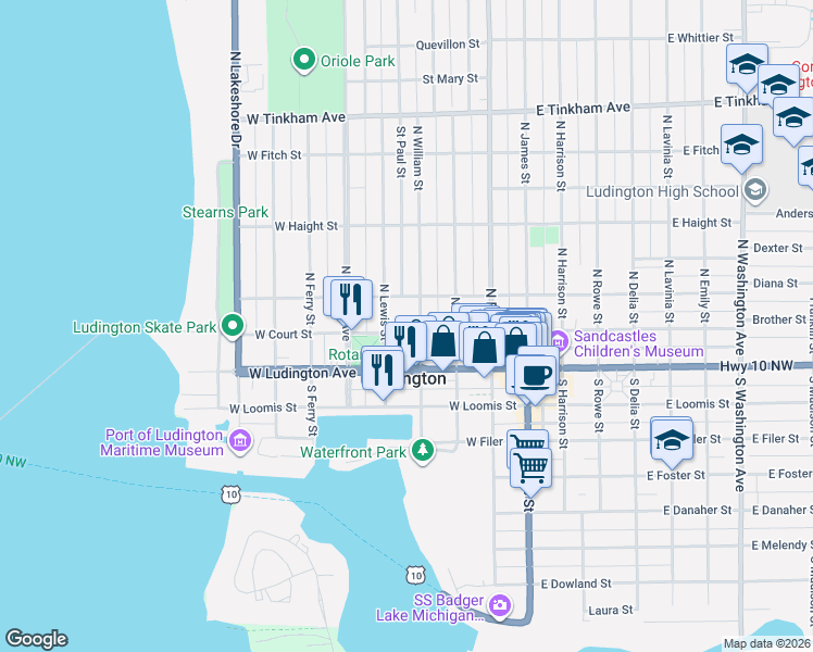 map of restaurants, bars, coffee shops, grocery stores, and more near 303 North William Street in Ludington