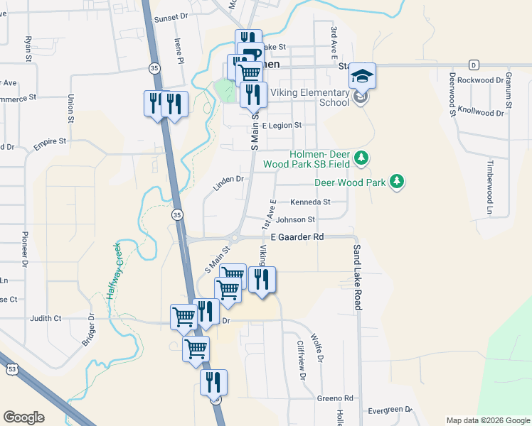 map of restaurants, bars, coffee shops, grocery stores, and more near 906 1st Avenue East in Holmen