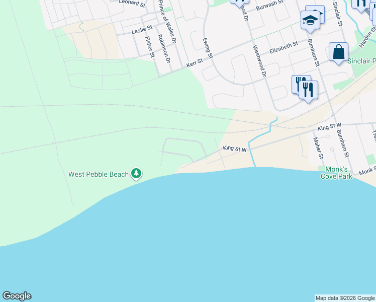 map of restaurants, bars, coffee shops, grocery stores, and more near 13 Glen Watford Road in Cobourg