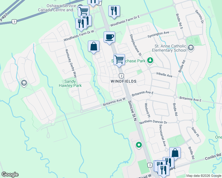 map of restaurants, bars, coffee shops, grocery stores, and more near 2358 Chevron Prince Path in Oshawa