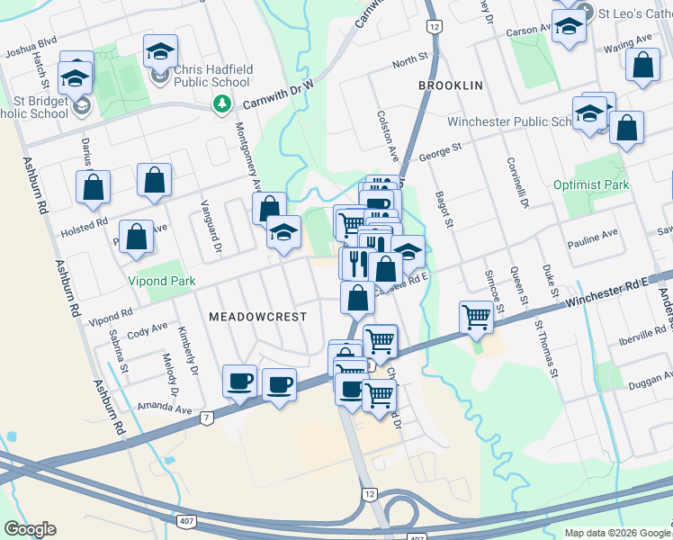 map of restaurants, bars, coffee shops, grocery stores, and more near 9 Vipond Road in Whitby
