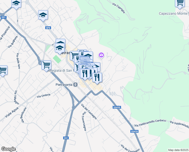 map of restaurants, bars, coffee shops, grocery stores, and more near 1 Via Sant'Agostino in Pietrasanta
