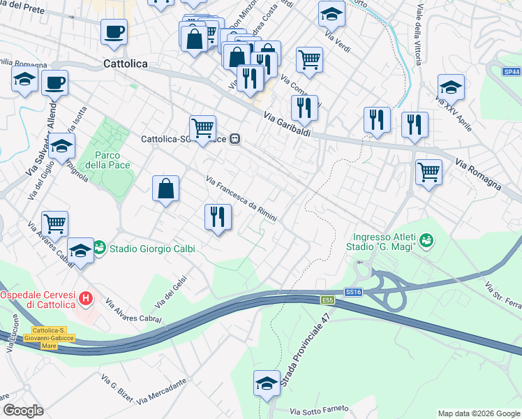 map of restaurants, bars, coffee shops, grocery stores, and more near 11 Via Longo Luigi in Cattolica