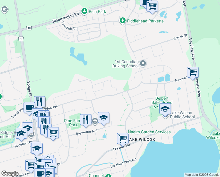 map of restaurants, bars, coffee shops, grocery stores, and more near 95 Long Point Drive in Richmond Hill