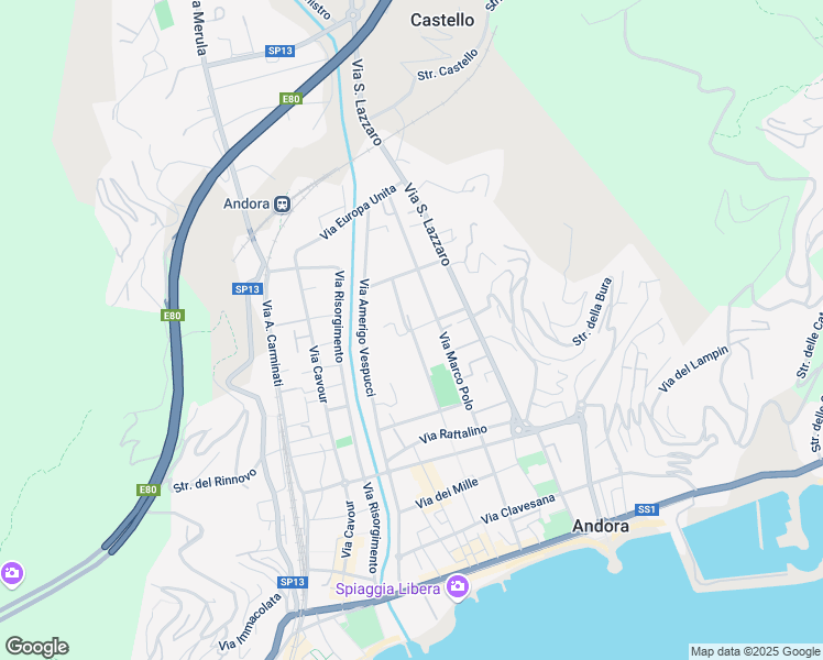 map of restaurants, bars, coffee shops, grocery stores, and more near Via Piana di Merula in Marina di Andora