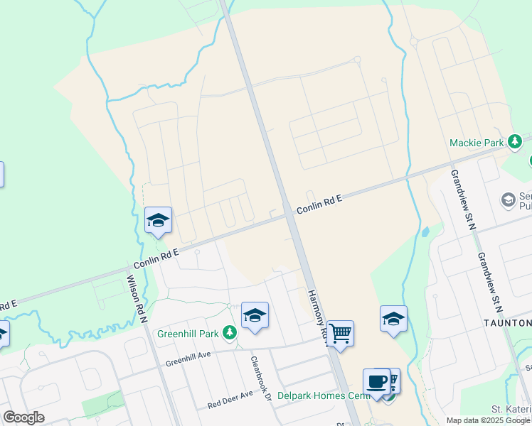 map of restaurants, bars, coffee shops, grocery stores, and more near 1040 Conlin Road East in Oshawa