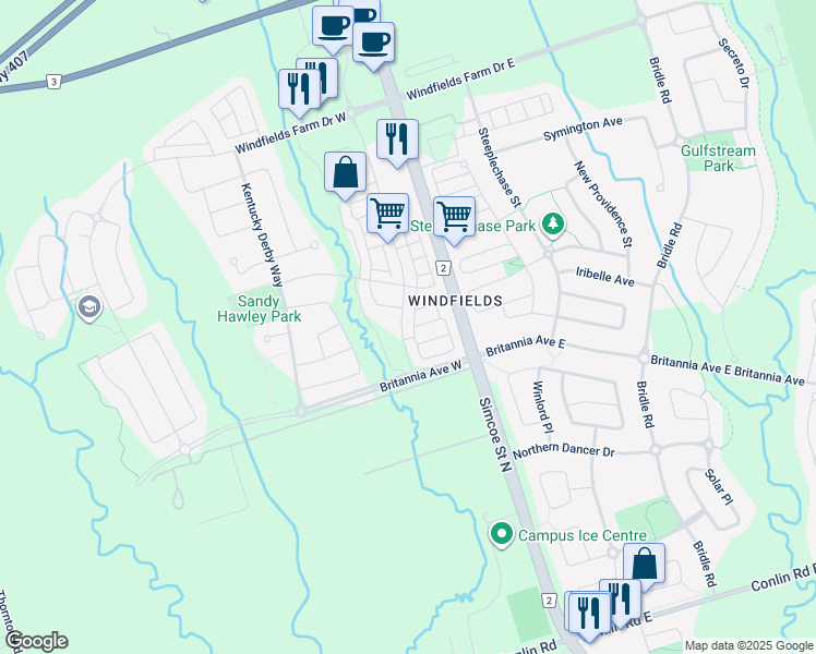 map of restaurants, bars, coffee shops, grocery stores, and more near 2382 Chevron Prince Path in Oshawa