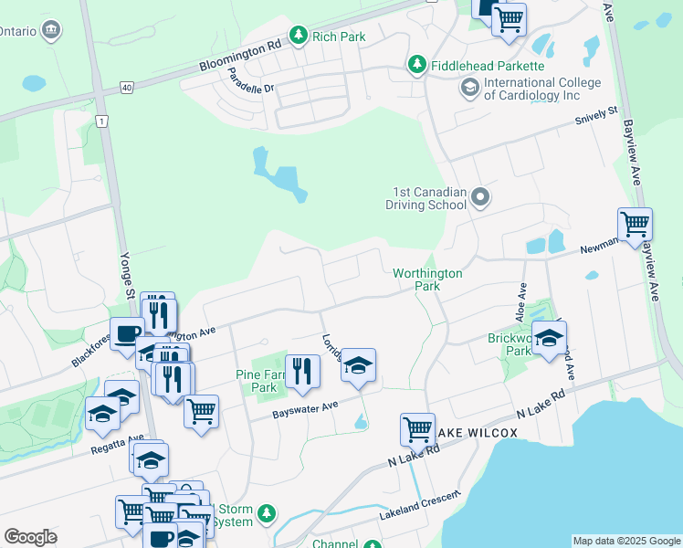 map of restaurants, bars, coffee shops, grocery stores, and more near 16 Long Point Drive in Richmond Hill