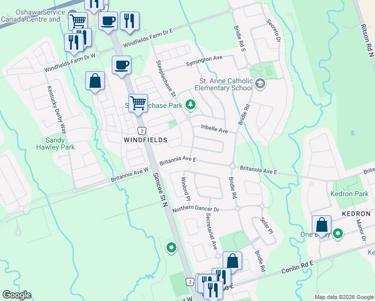 map of restaurants, bars, coffee shops, grocery stores, and more near 2322 Steeplechase Street in Oshawa