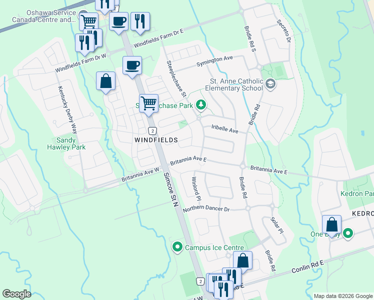 map of restaurants, bars, coffee shops, grocery stores, and more near 49 Artania Street in Oshawa