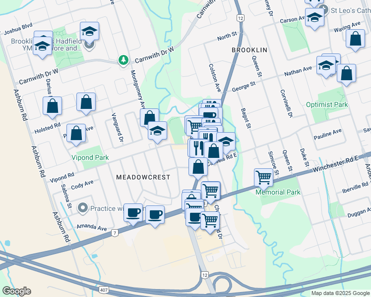 map of restaurants, bars, coffee shops, grocery stores, and more near 9 Vipond Road in Whitby
