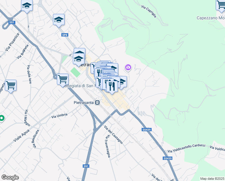map of restaurants, bars, coffee shops, grocery stores, and more near 31 Via dei Piastroni in Pietrasanta