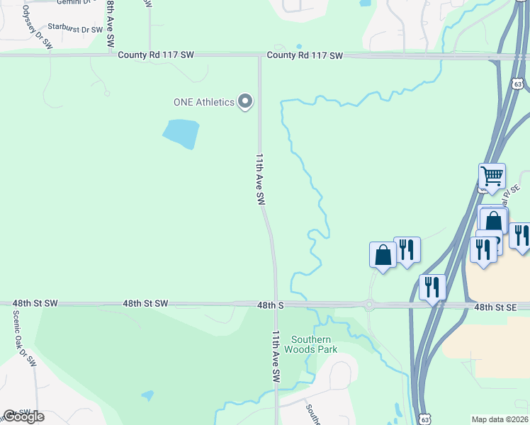 map of restaurants, bars, coffee shops, grocery stores, and more near 4500 11th Avenue Southwest in Rochester