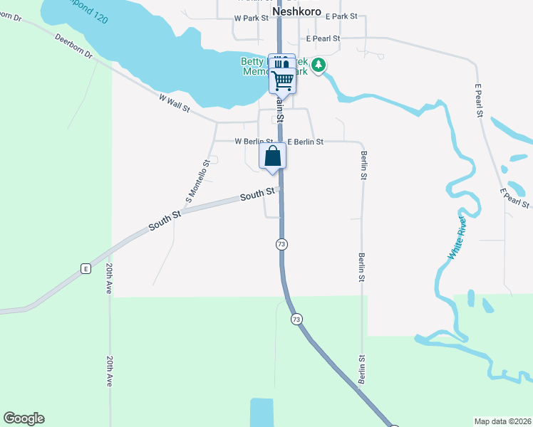 map of restaurants, bars, coffee shops, grocery stores, and more near 203 South Street in Neshkoro