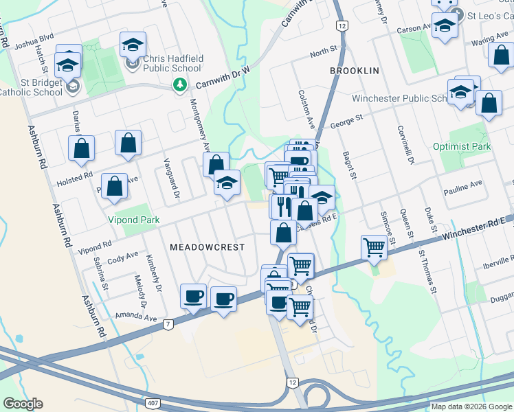 map of restaurants, bars, coffee shops, grocery stores, and more near 9 Vipond Road in Whitby