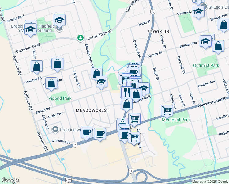 map of restaurants, bars, coffee shops, grocery stores, and more near 9 Vipond Road in Whitby