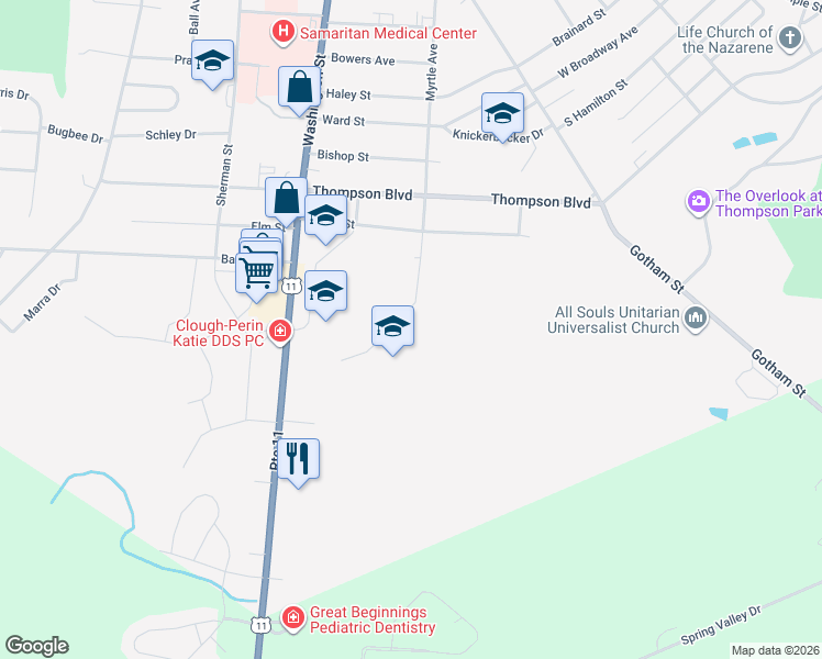 map of restaurants, bars, coffee shops, grocery stores, and more near 1335 Washington Street in Watertown
