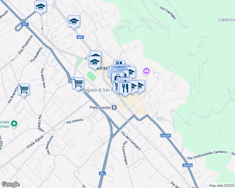 map of restaurants, bars, coffee shops, grocery stores, and more near 14 Via Guglielmo Oberdan in Pietrasanta