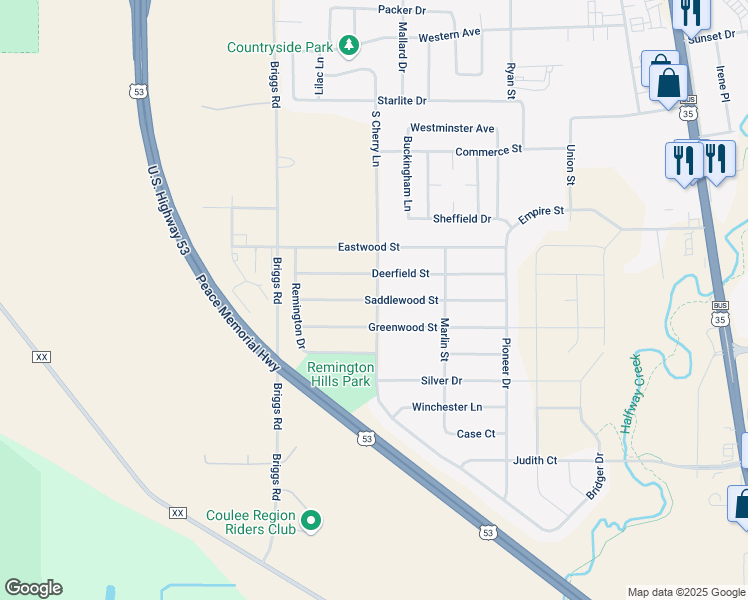 map of restaurants, bars, coffee shops, grocery stores, and more near 1001 Saddlewood Street in Holmen