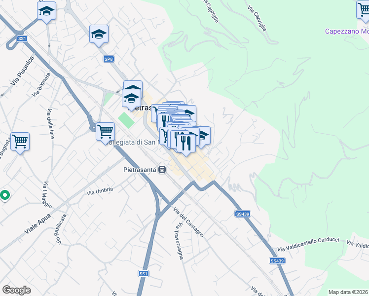 map of restaurants, bars, coffee shops, grocery stores, and more near 31 Via dei Piastroni in Pietrasanta