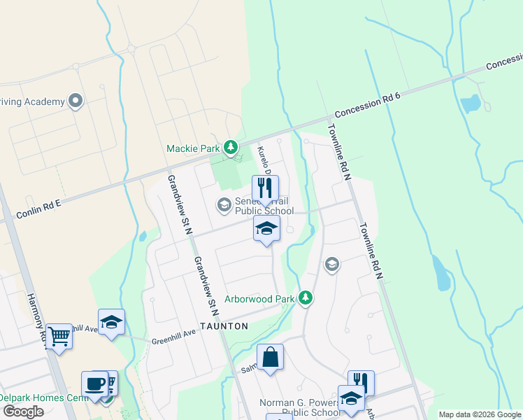 map of restaurants, bars, coffee shops, grocery stores, and more near Cocklin Crescent in Oshawa